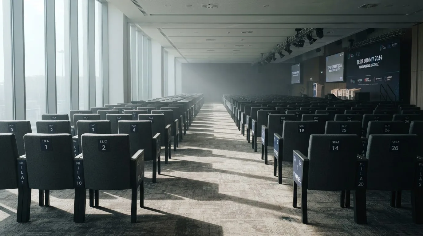 Una fila ordinata di sedie vuote disposte in un auditorium moderno illuminato da ampie finestre.