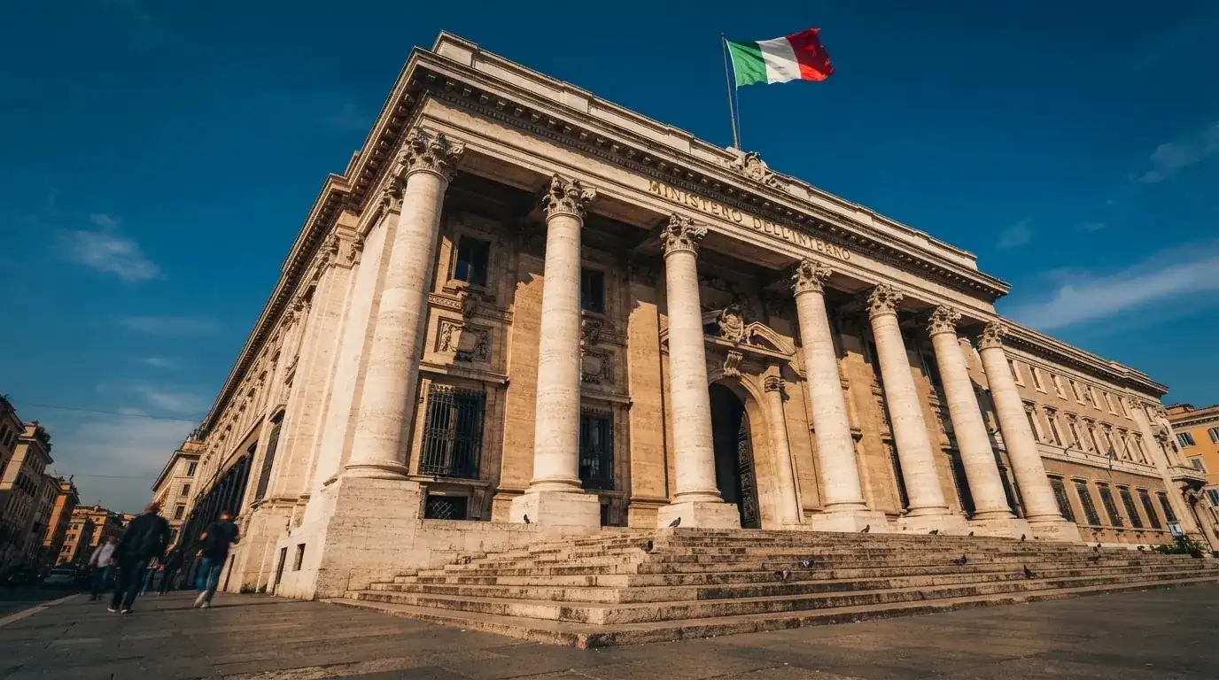 Un edificio governativo italiano con bandiera al vento fotografato dal basso in una giornata di sole.