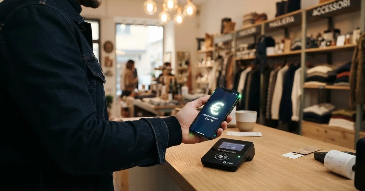 Una persona avvicina uno smartphone a un terminale di pagamento contactless su un bancone in un negozio.