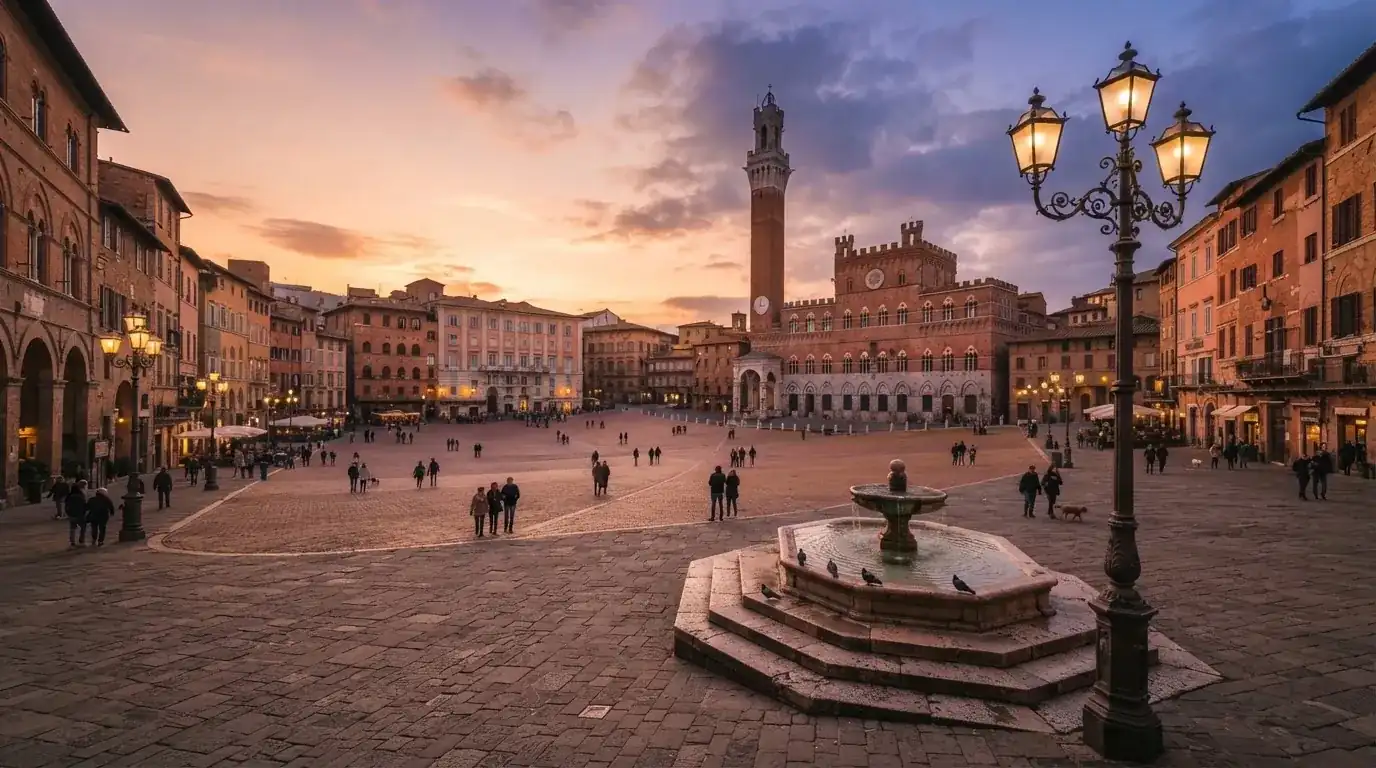 Vista panoramica di una piazza italiana al tramonto con lampioni accesi e persone che passeggiano.