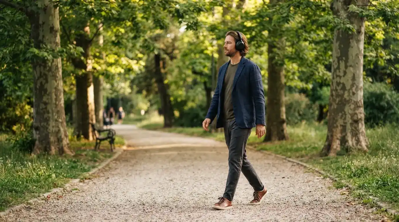 Un uomo cammina all'aperto in un parco cittadino indossando cuffie, lontano da qualsiasi dispositivo elettronico acceso.